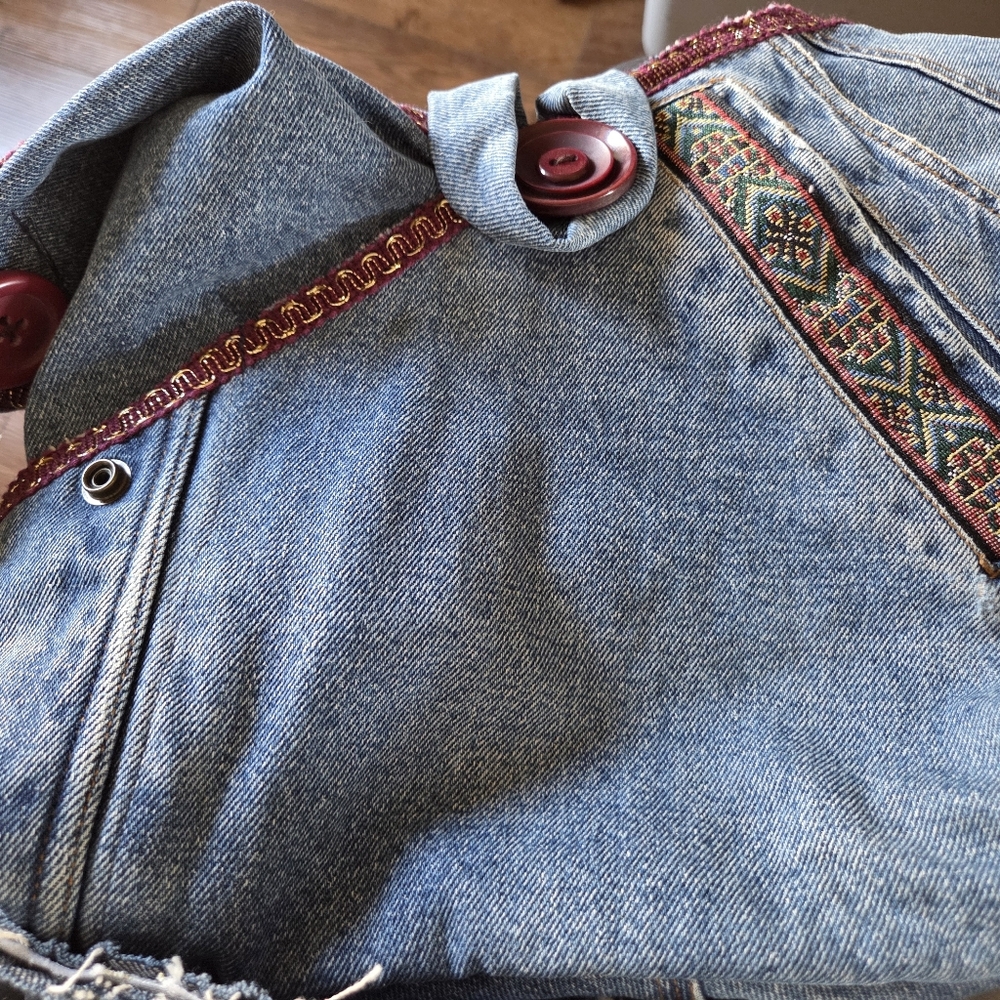 Denim Hobo Bag with Embroidered Trim - Blue - Picture 9 of 14